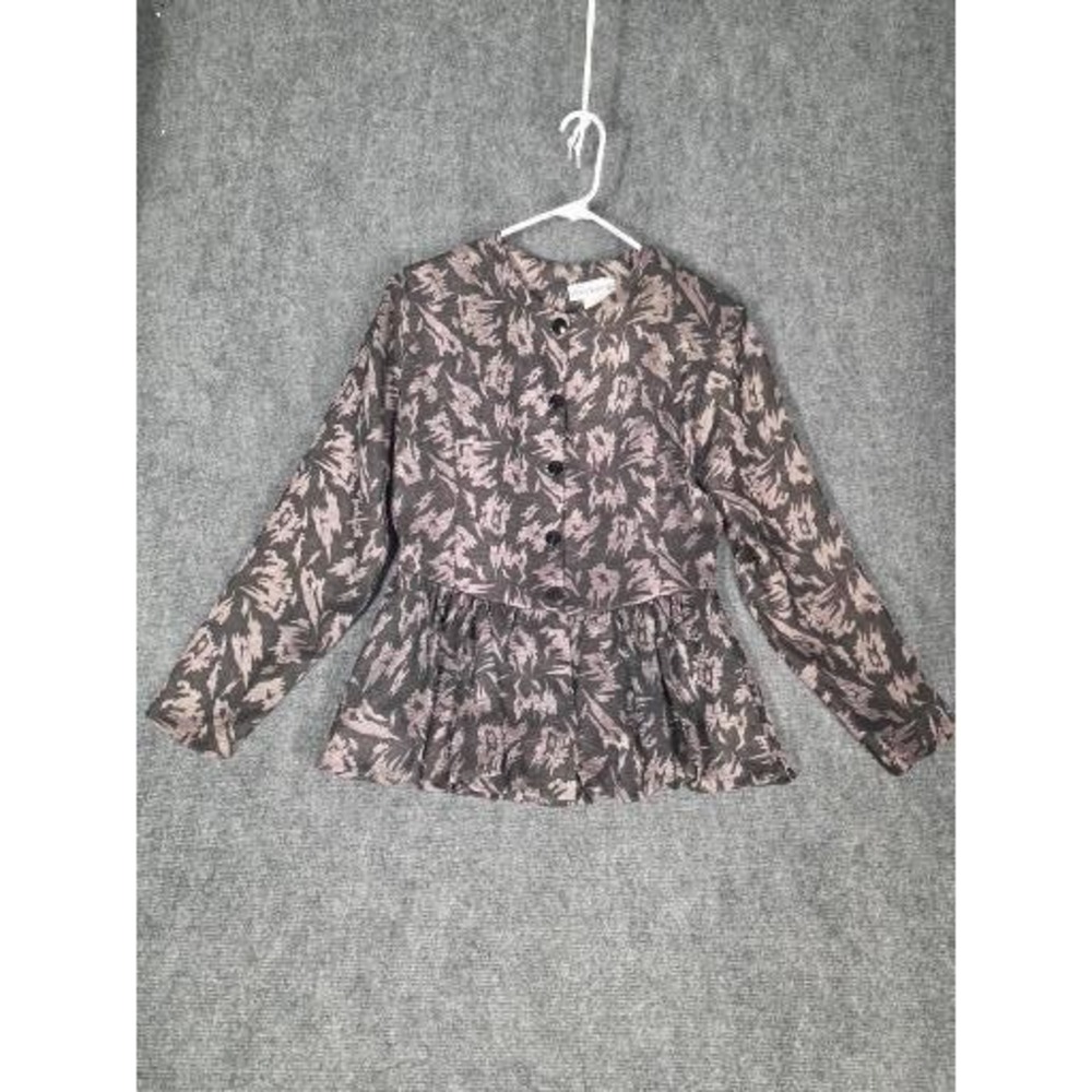 VTG Blossom Rosen 90s Peplum Mauve Charcoal Abstract Floral Peplum Blouse Sz 10